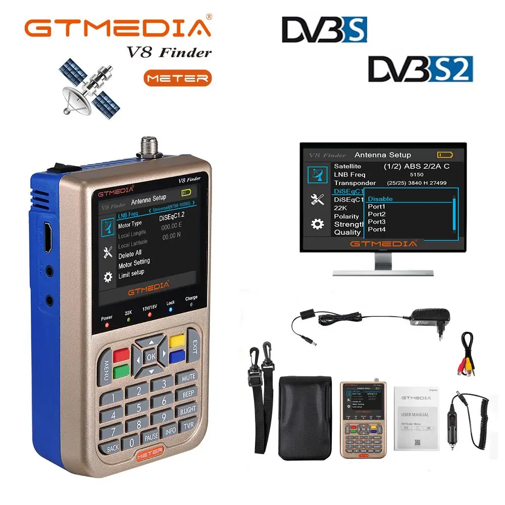 GT MEDIA /Freesat V8 Finder HD DVB-S2 Digital Satellite Finder High Definition Sat Finder DVB S2 Satellite Meter Satfinder 1080P