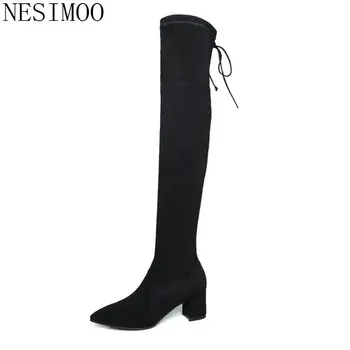 

NESIMOO 2019 Women Shoes Over The Knee Boots Med Heel Leather+PU Pointed Toe Zipper Ladies Motorcycle Shoes Size 34-42