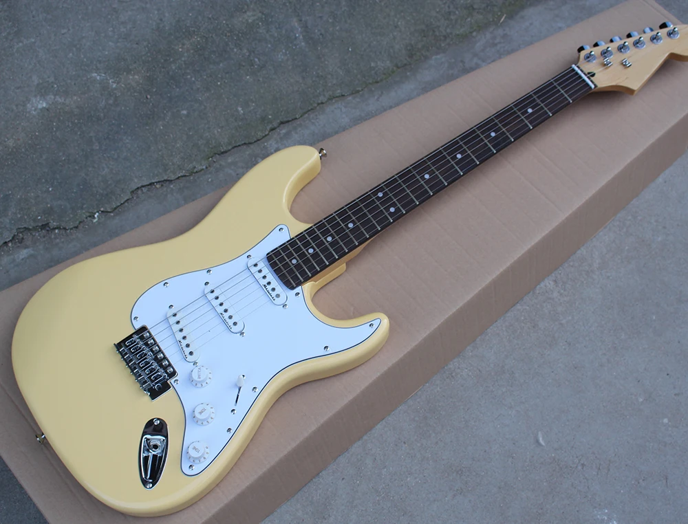 

Wholesale Light Yellow Electric Guitar with White Pickguard,Rosewood Fretboard,Chrome Hardwares,offering customized services