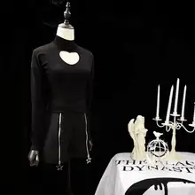 Готический панк женские черные футболки осенний топ сексуальный клубный выдолбленный облегающий однотонный пуловер для вечеринок с длинными рукавами