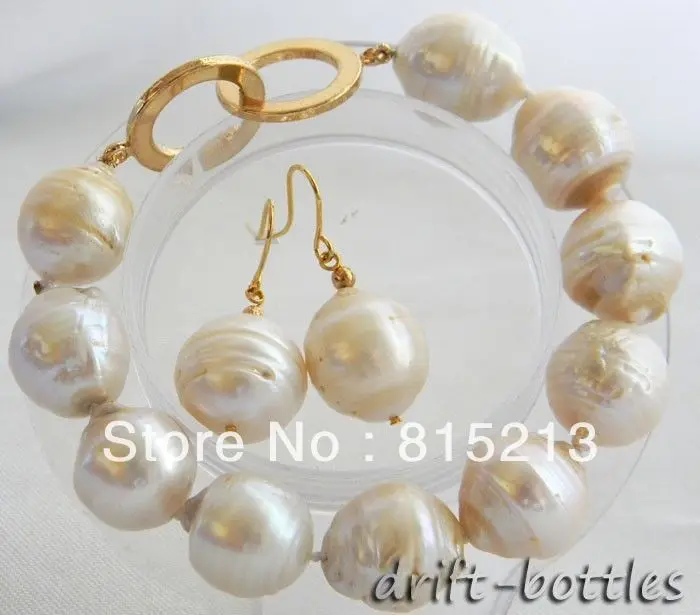 

ddh00782 8'' 15MM White Round Bead-Nucleated Pearl Bracelet Earring Set