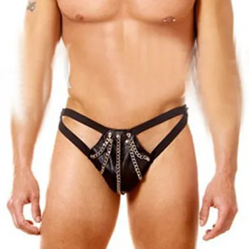 

2018 Fashion Sexy Male Faux Leather Thong Low Waist Rings Men's Panties Personality Male Cool Sexy Chain