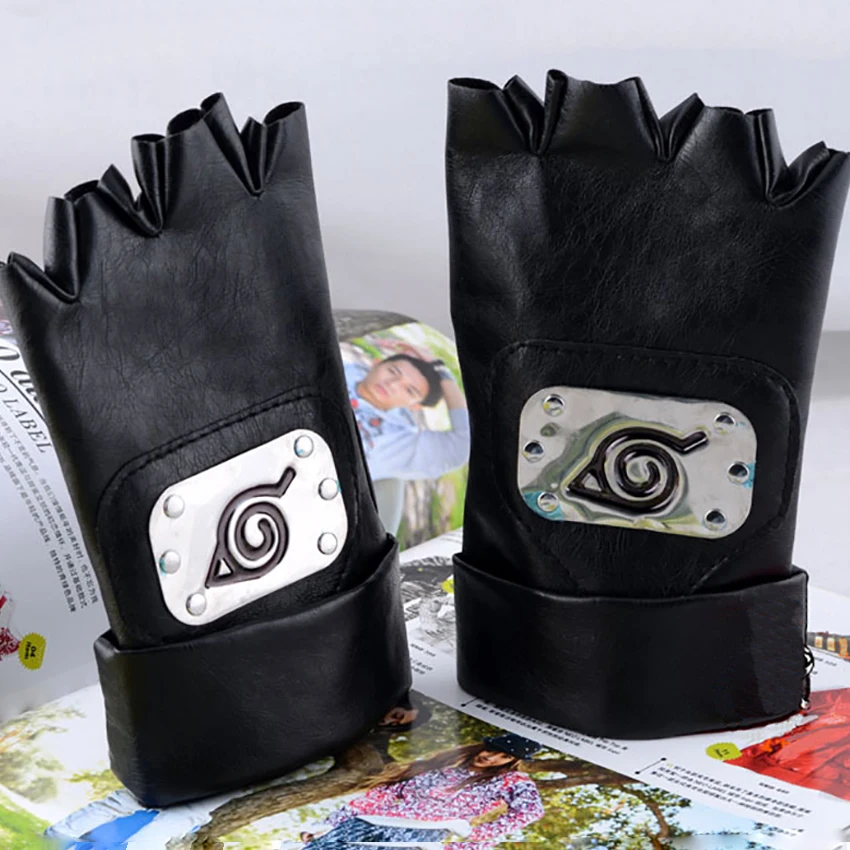 

Anime Naruto Kakashi konoha symbol half finger leather gloves winter warm handschoenen Christmas Gifts
