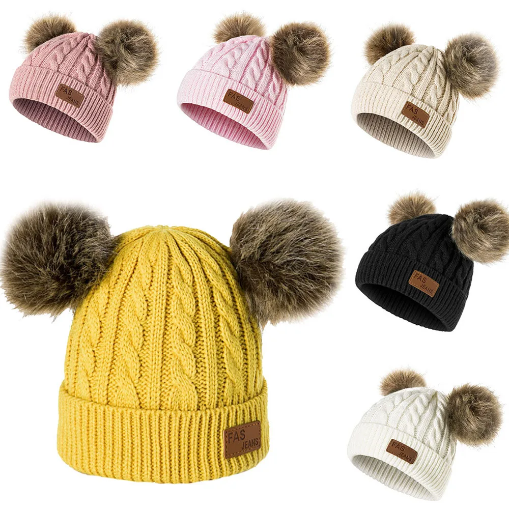 Children Winter Infant Newborn Kids Baby Wool Knitted Hat Cap Beanie With Two Double Pom For Cute Boys Girl 1-3Years | Детская одежда и