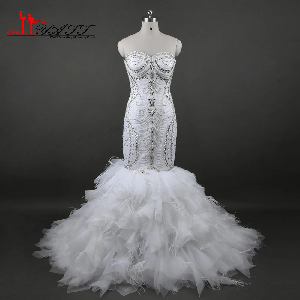 Real Elegant Luxury Crystal Beaded Wedding Dresses Bodice Feathers