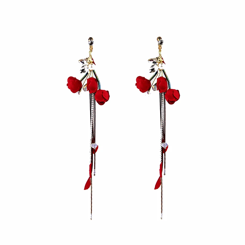 

YIZILI new Fashion Long Earrings Women Gift Rose Flower Tassel Vintage Earrings Dangle Peal Red Earrings Jewelry Female Hot E337