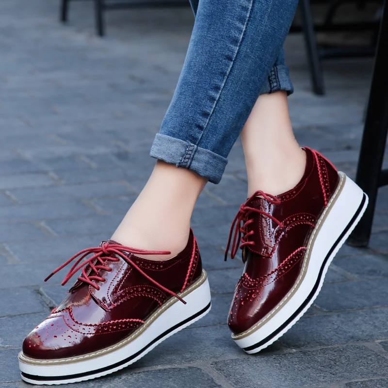 WDZKN Handmade Patent Leather Flat Shoes Women Flats Spring Autumn Carved Embossed Round Toe Platform Women Oxford Shoes H366 women oxford shoes leather mary jane shoes women slippers sandals