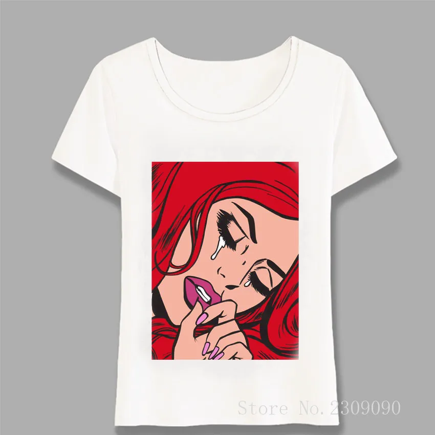 

Red Hair Crying Comic Girl T-Shirt Fashion Women Short Sleeve O-neck Soft Casual Tee Womens T Shirt Girl Cute Tops Harajuku
