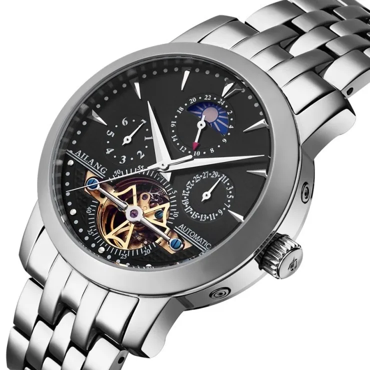 عالية الجودة AILANG توربيون الرجال ساعات آلية الذاتي الرياح الصلب الكامل الأعمال اللباس ساعة معصم المرحلة القمر Relojes NW3288
