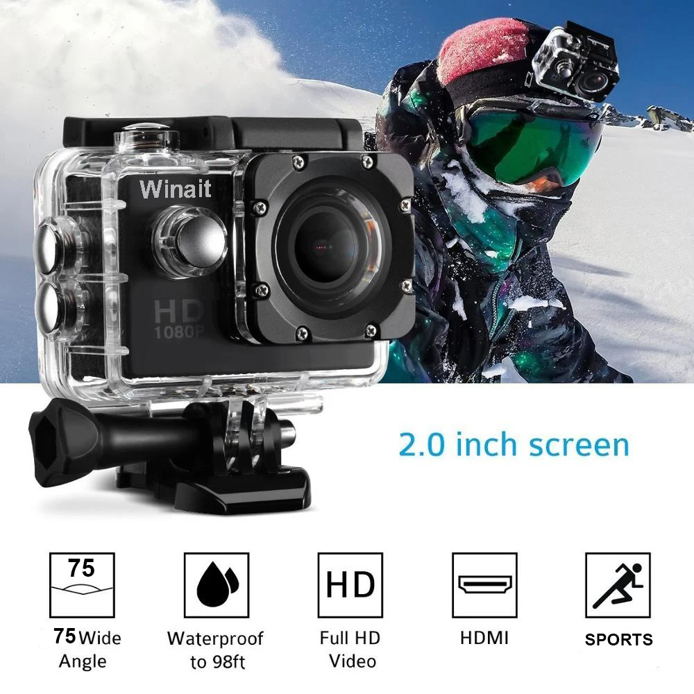 Winait Full HD 1080 P спортивная водоотталкивающая Камера GoPro видео Регистраторы возможностью погружения на глубину до 30 м подводный 2," ЖК-дисплей Дисплей мини спортивный DVR TF карты памяти максимум до 32 Гб