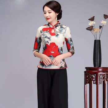 

2020 New Chinese Women Mandarin Collar Shirt Printed Flower Handmade Button Tops Slim Elegant Satin Tang Clothing M-4XL