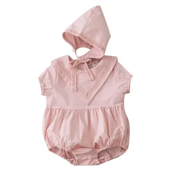

Lovely Infant Summer Round Collar Short Sleeve Solid Color Girls Jumpsuit Climb + Hat 2pcs Set 0-3Y Cute Newborn Baby Clothes