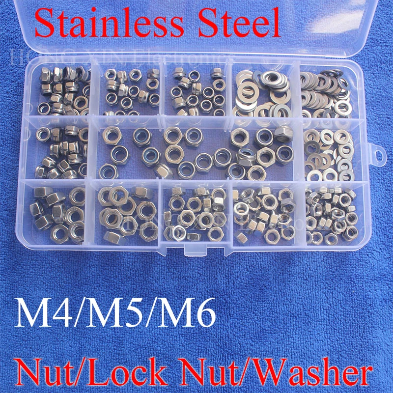 255 ASSORTED A2 STAINLESS STEEL M4 M5 M6 NYLOC NYLON FULL NUT & FormA WASHER KIT