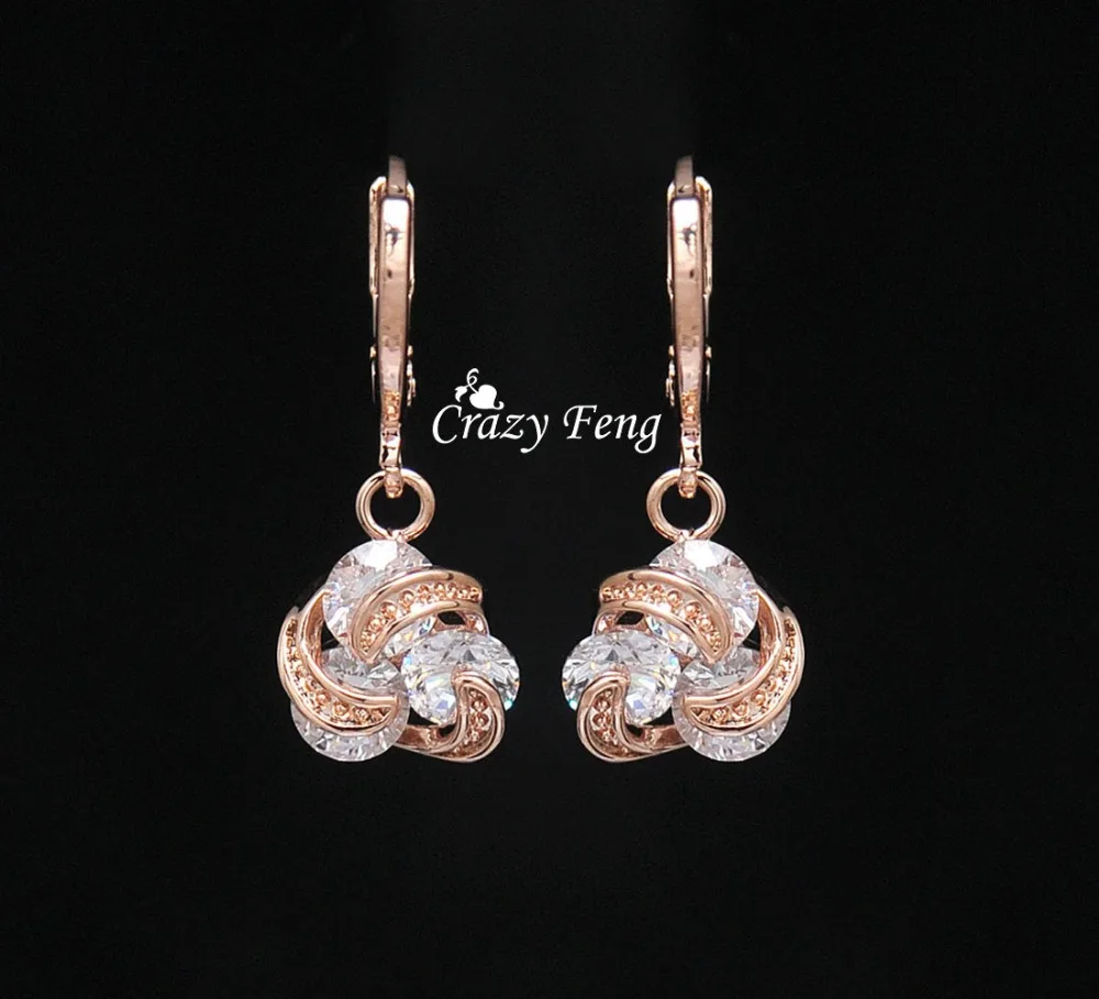

2015 Free shipping New Ladies 18k Rose Gold Plated CZ Diamond Earring Zircon Pierced Flowers Dangle Drop Earring High Quality