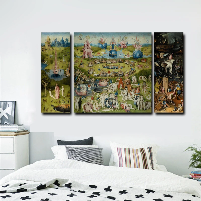 Kaufen 3 Stücke Leinwand Wandkunst Hieronymus Bosch Berühmte Öl malerei Garten von Irdischen Köstlichkeiten Drucke Auf Leinwand Home Decor