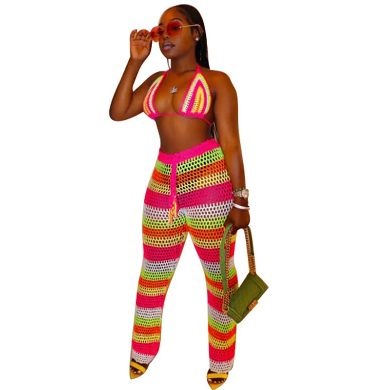 

New 2PCS Women Fishnet Swimwear Beach Cover Up Sexy Striped Push Up Bra And High Waisted Long Pant Swimsuit Cover Ups Beachwear