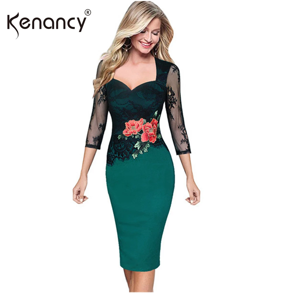 

Kenancy 5XL Plus Size Elegant Patchwork Lace Floral Embroidery Pencil Dress Women Square Neck 3/4 Sleeve Vestidos Party & Office