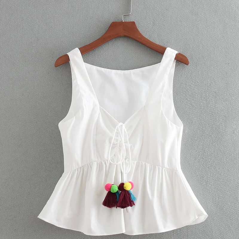 

2018 women sweet colorful hair ball tied pleated lace up white blouses shirt ladies elegant ruffles femininas blusas tops LS2291