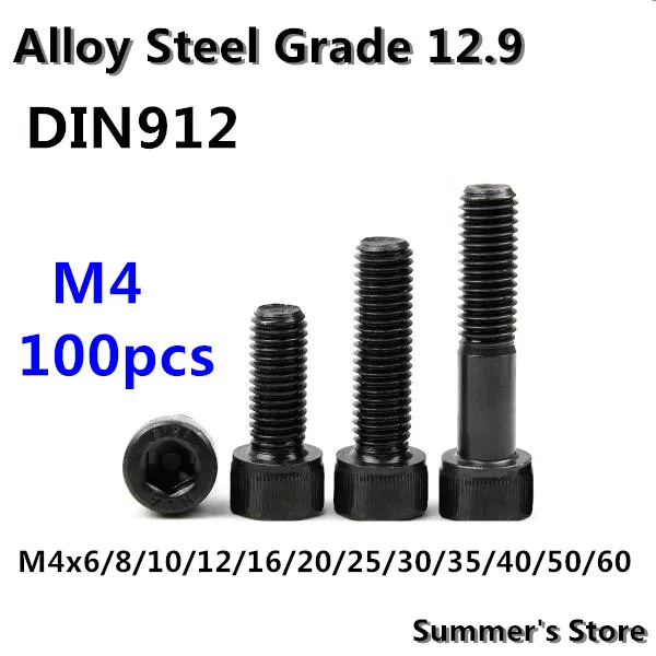 

100pcs/lot DIN912 Hex Socket Head Cap Screw M4*6/8/10/12/16/20/25/30/35/40/45/50/55/60mm Alloy Steel screw M4 black screws bolts