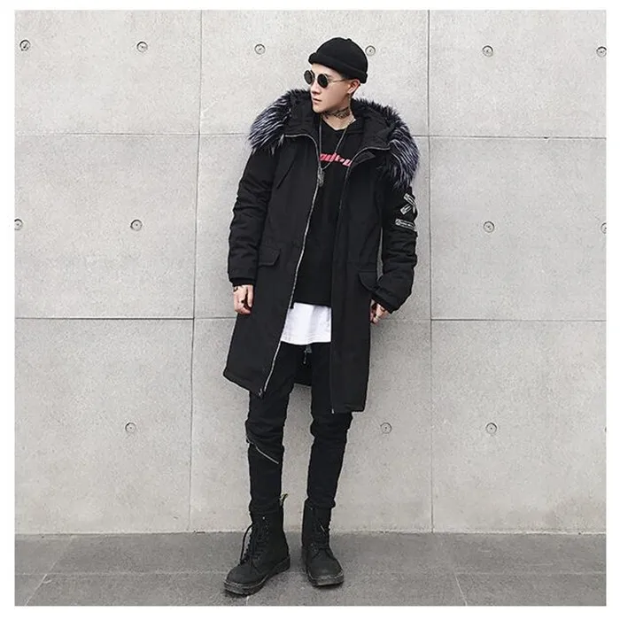 Новинка 2019, зимняя куртка в стиле хип-хоп, мужские пальто с капюшоном и меховым воротником, парки, уличная плотная ветровка средней длины
