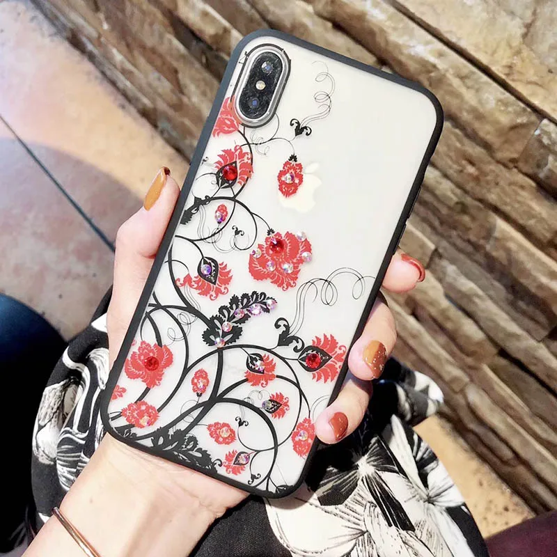 Sexy Lace Floral Diamond Case For iPhone X XR XS Max 8 7 6 6S Plus Soft Silicone Hard PC Retro Flowers Cases Cover Coque Shell (8)