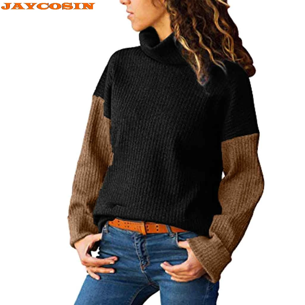 

JAYCOSIN Hot Fashion Design Women's Turtleneck Color Matching Long-Sleeved Slim Sweater Pullover High Quality Sweater New