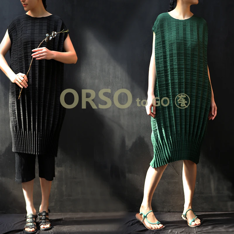 Very Cheap y64LD Changpleat 2019 Summer New Women Loose Dress Miyak Pleated Fashion Design Short sleeve O neck Solid Large Size Female Dress Tide