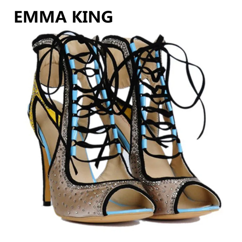 

2019 New Crystal Mixed Color Women Gladiator Sandals Peep Toe Hollow Lace Up High Heels Ladies Runway Shoes Woman Roman Sandals
