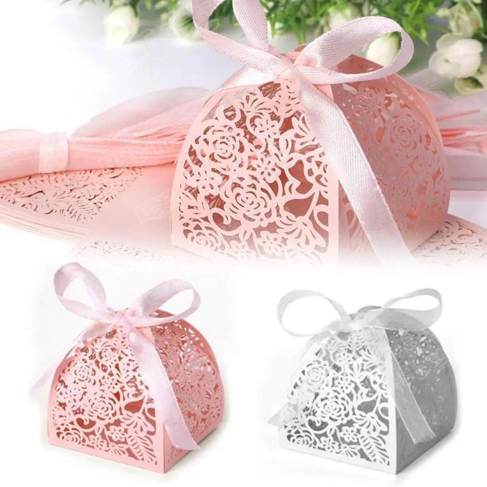 

50Pcs/Set Hollow Rose Flower Lace Ribbon Wedding Party Festival Favor Supplies Sweets Candy Chocolate Paper Boxes New Arrival