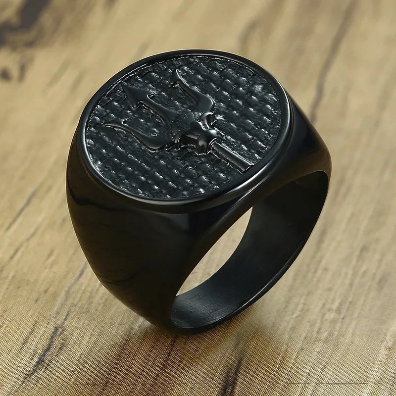 

Neptune's Trident Medallion Signet Rings for Men Stainless Steel Black Band Male Jewelry