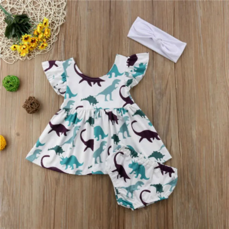 3pcs Newborn Baby Kids Girl Animal Dinosaur Dress Outfits Shorts