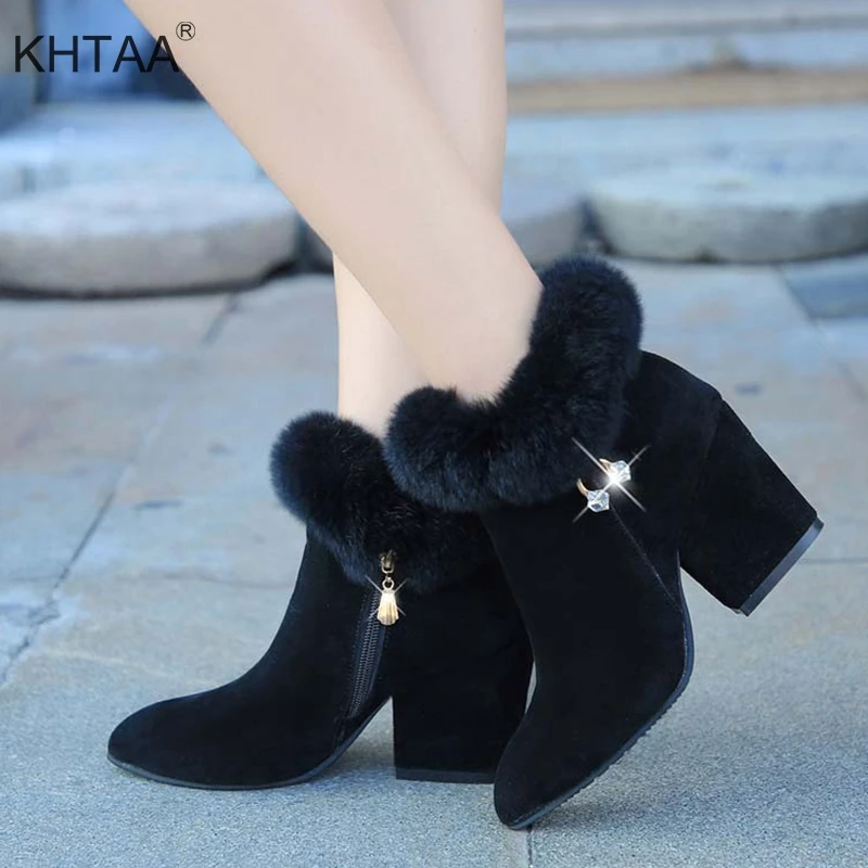 

Warm High Heels Women Ankle Boots Winter Zipper Chunky Heel Pointed Toe Ladies Short Shoes Sexy Faux Fur 2018 Female Footwear