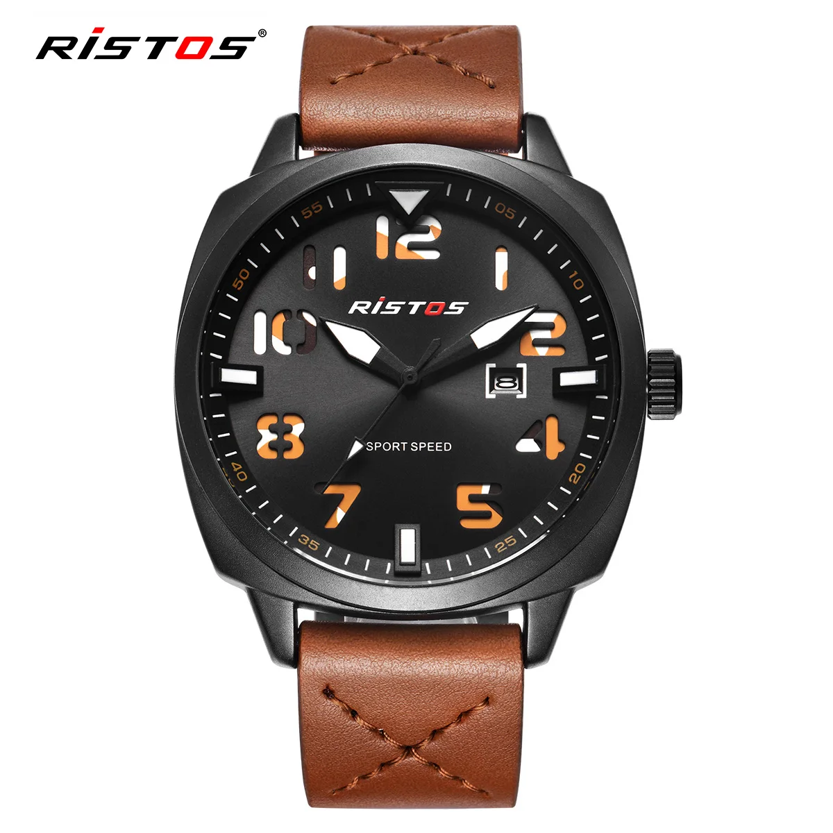 RISTOS военные мужские спортивные часы с кожаным календарем Мужские Qaurtz модные