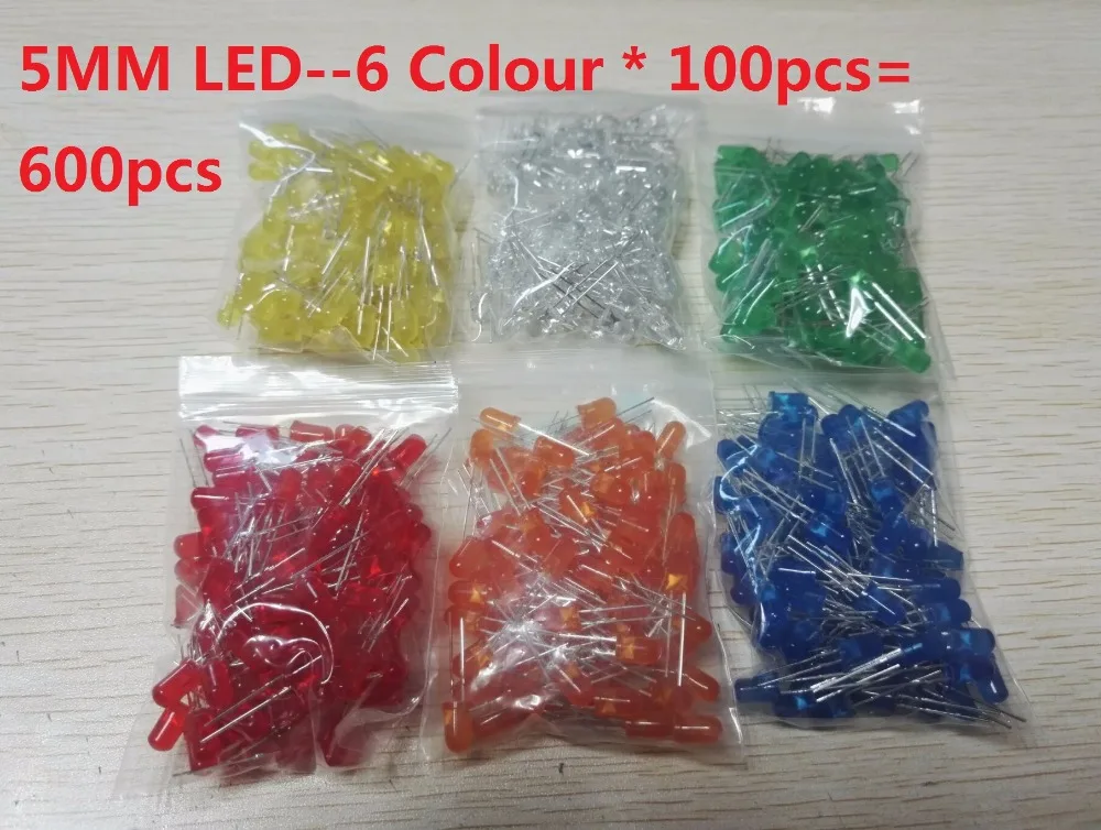 

600pcs=6 colors*100pcs White Red Green Blue Yellow Orange 5mm LED kits F5 Diffused Light Emitting Diode Lamp Assorted Kit Set