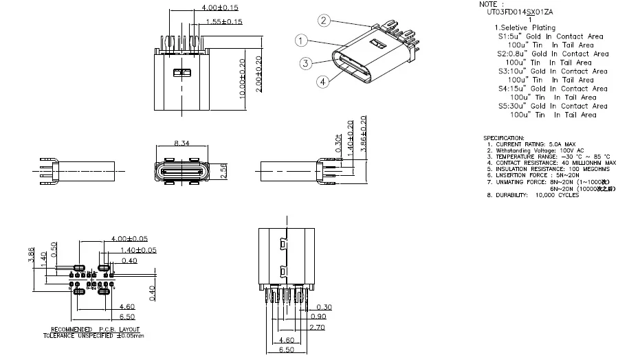 5 pcs USB 3 1 Type C Connector 14 Pin Female Socket receptacle Through 