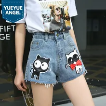 Летние новые джинсовые шорты для женщин, свободные, подходят, милые, с вышивкой кота, короткие джинсы для студентов, повседневные, с высокой талией, ковбойские, горячие брюки, Femme
