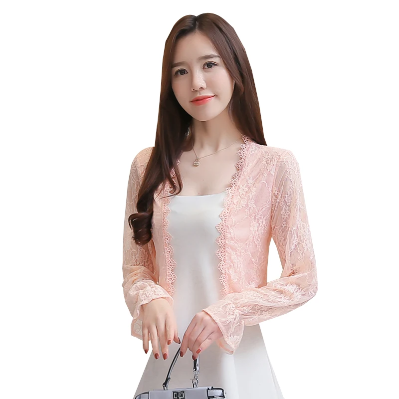 

Women Jacket Bomber Pink Coat Elegant Female White Black Chiffon Lace Long Sleeve Plus Size 2xl Shrug Sweet Wrap Crochet Tops
