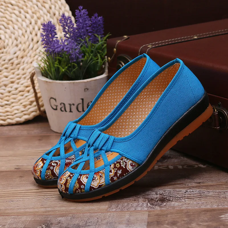 

QWEDF summer flat with soft bottom low to help round head national style old Beijing cloth shoes breathable women's shoes TH-66