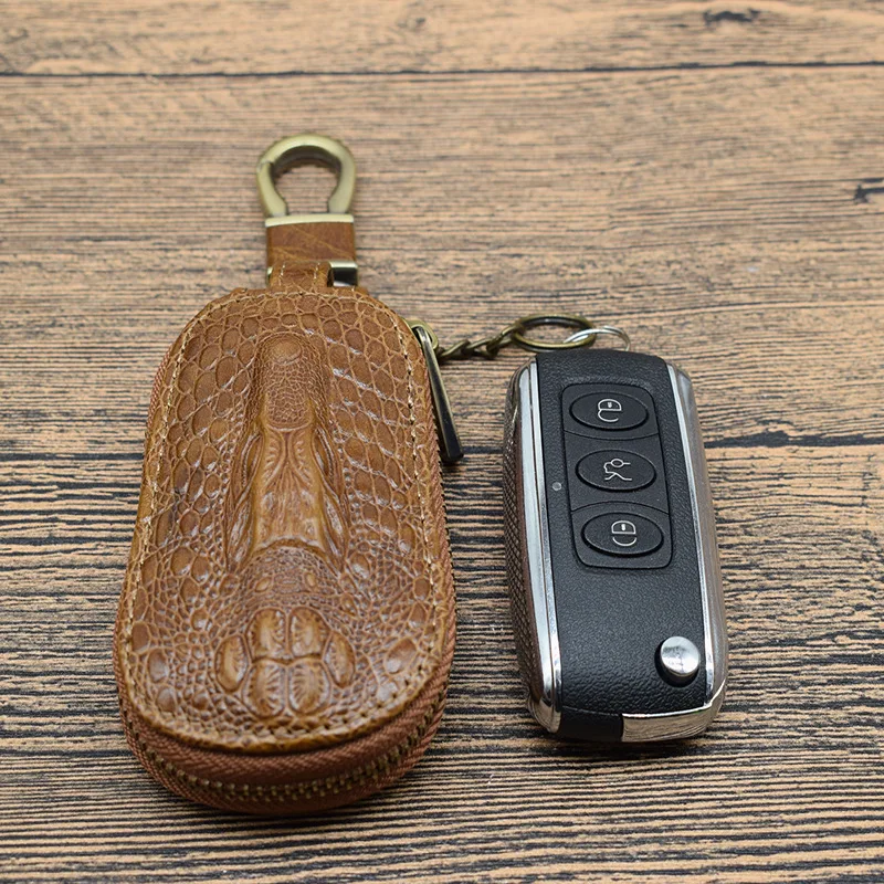 

Car Key Holder Cowhide Wax Men's Retro Crocodile Pattern Key Pack Genuine Leather Car Key Holder
