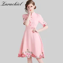 Новинка, элегантное ТРАПЕЦИЕВИДНОЕ розовое платье с цветочной вышивкой, женские весенние винтажные платья со стоячим воротником, большие повседневные платья на пуговицах