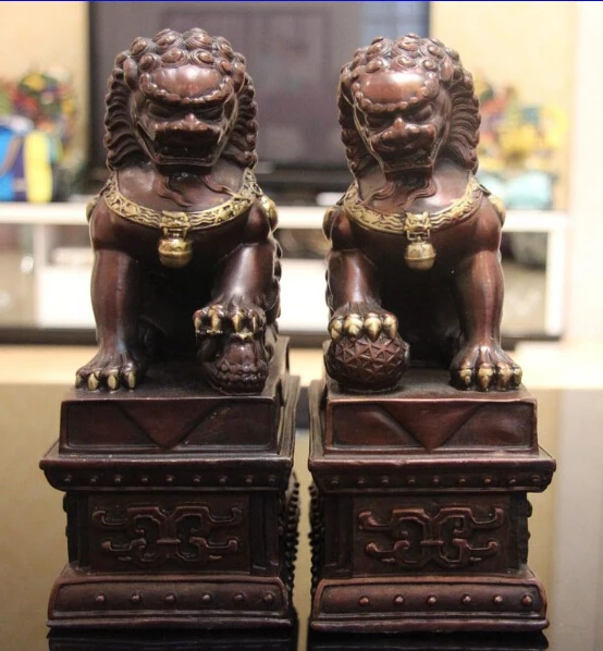 

China Old Bronze Copper Fengshui Guardian Door Foo Dog Lion Son Bead Statue Pair