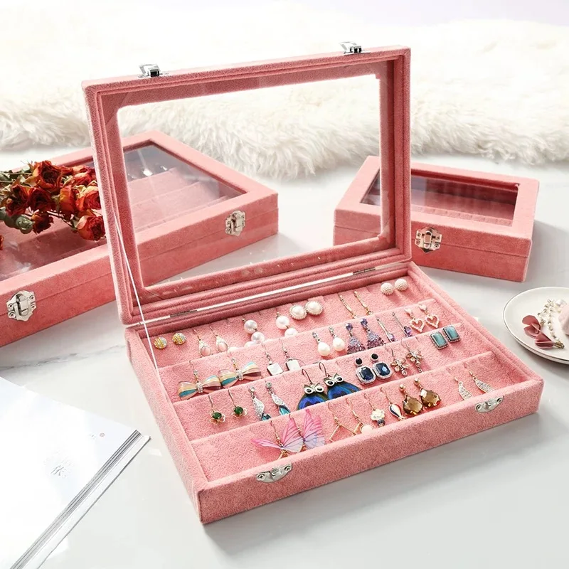 Velvet Carrying Case with Glass Cover Jewelry Earring Display Box Tray Holder Jewelry Storage Box Organizer
