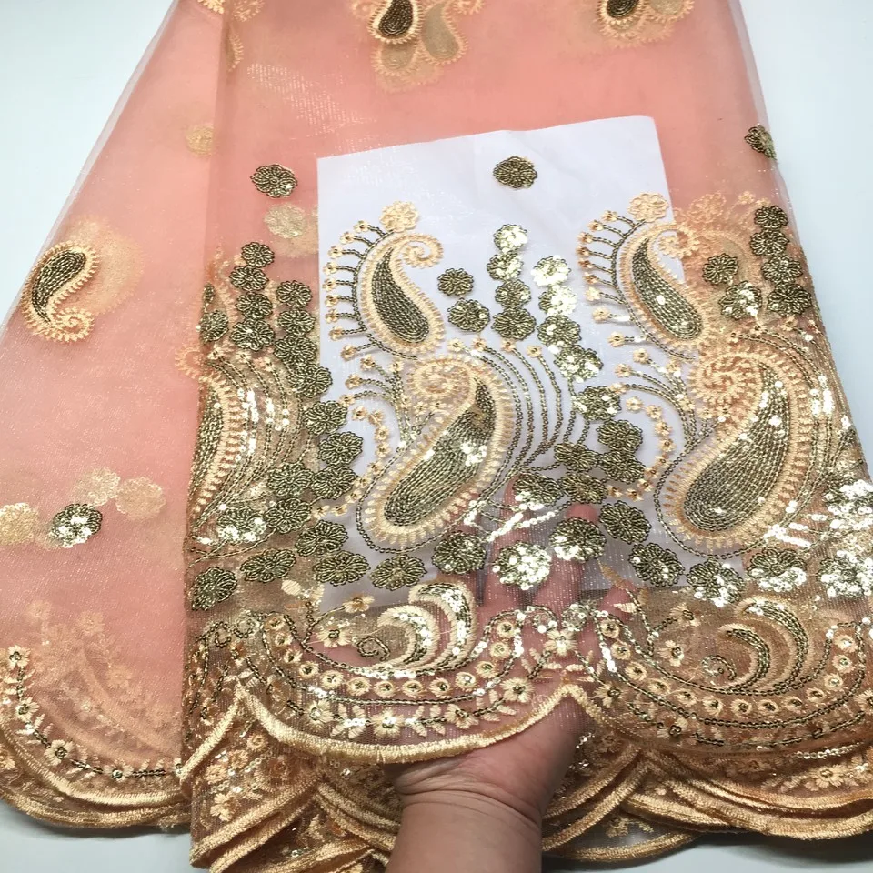 

High quality Pink African lace fabric sequins french tulle lace fabric 2019 latest arrival hot sale 5 yards for dress M1940