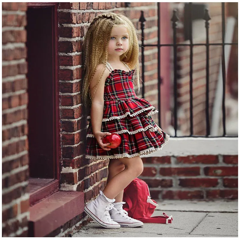 

Spring and summer new children's girls dresses sweet princess sash plaid cakes fluffy dress for children 2-5 years
