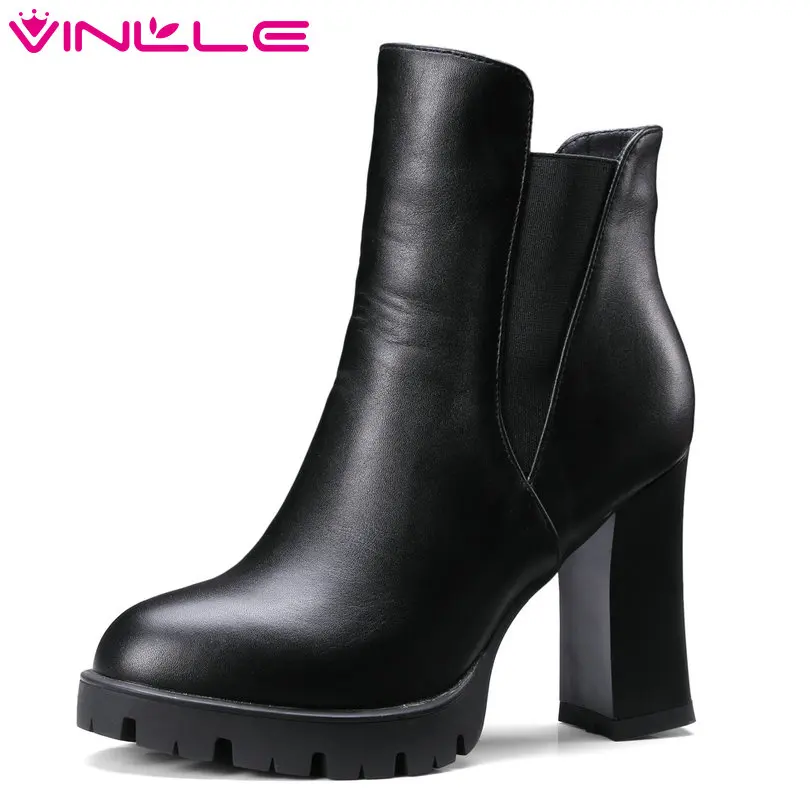 

VINLLE 2018 Women Winter Boot Ankle Boots Square High Heel Zipper Pointed Toe Western Style Ladies Motorcycle Shoes Size 34-43