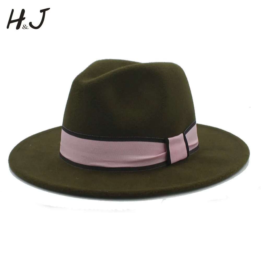 

Fashion Women Men Wool Fedora Hat Winter Autumn Chapeu Feminino Cloche Wide Brim Jazz Church Homburg Sombrero Caps Pink Ribbon