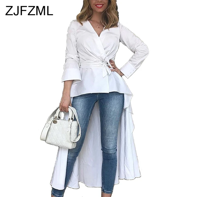 

Long Sleeve Sexy Front Short Back Long T Shirt Women White Deep V Neck High Waist Irregular Top Casual Mujer Sashes Loose Tees