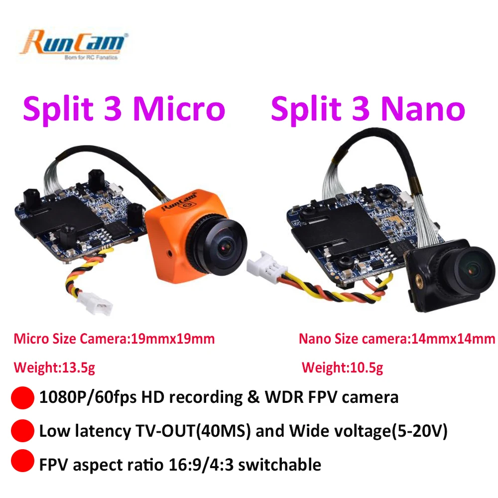 RunCam Split 3 Micro & Nano DC5 20V 1080 P/60fps HD Запись WDR FPV камера PAL/NTSC переключаемая 40ms низкая