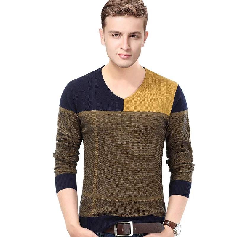 New Design Casual Autumn Patchwork V-neck Cotton Jumpers Pullover Men ...