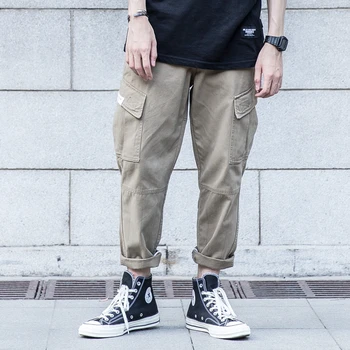 

Spring and Autumn Men's Loose and Casual Pants Teenagers Multi-pocket Overalls Water Wash Straight Trousers